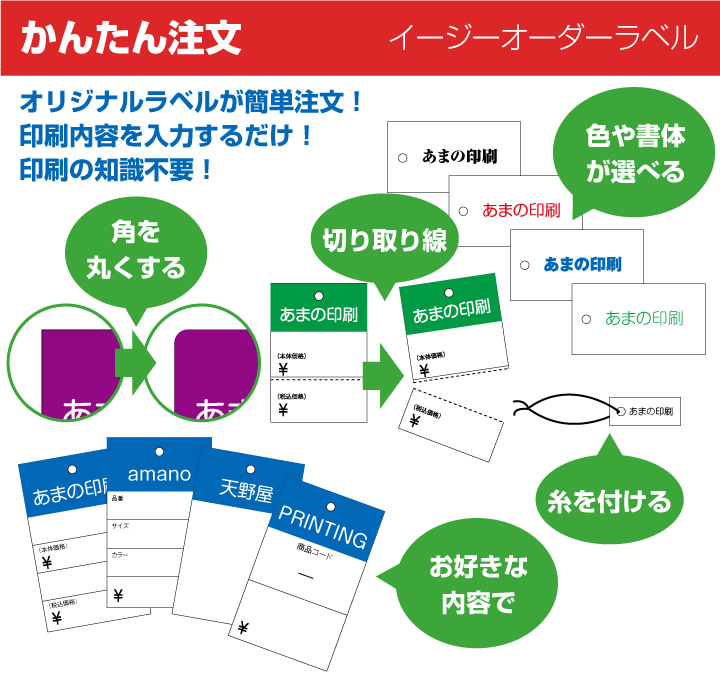 イージーオーダーでは、タグの<strong>印刷内容・印刷色・形状・ミシン目の有無・糸・用紙等</strong>を選択するだけでご注文が出来ます。